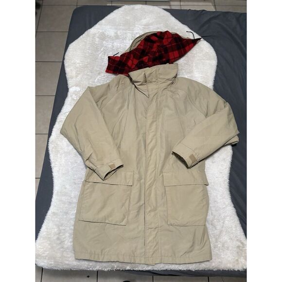 Vintage‎ Lands' End Plaid Wool Lined Hood Chore Barn Parka Jacket Coat USA Large - Picture 1 of 7